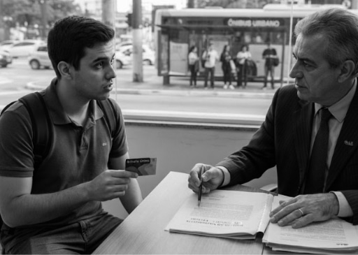 Advogado trabalhista segurando documentos sobre vale-transporte e orientação jurídica para funcionário.