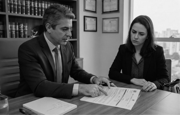 Advogado analisando termo de rescisão de contrato de trabalho com cliente